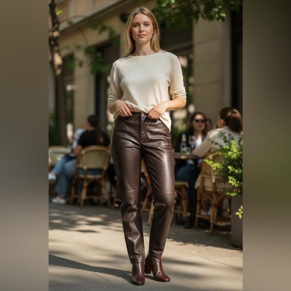 Tandem Leather Pant Brown Ruby Red Stitching | Boutique Women’s Size 40 = US 4